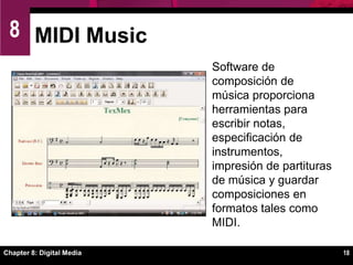 Chapter 8: Digital Media14Portable Audio PlayersDispositivos de bolsillo de baterías que almacenan audio digital.Música digital está dispoinible de una variedad de fuentes:  Los formatos generalmente son            MP3, AAC, and WMAUna serie de tracks de música                digital en un dispositivo portable                      se conocen como un playlist.