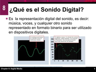 Chapter 8: Digital Media4¿Qué es el Sonido Digital?Es  la representación digital del sonido, es decir: música, voces, y cualquier otro sonido representado en formato binario para ser utilizado en dispositivos digitales.  