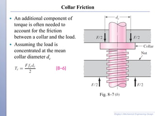 Collar Friction
 An additional component of
torque is often needed to
account for the friction
between a collar and the load.
 Assuming the load is
concentrated at the mean
collar diameter dc
Shigley’s Mechanical Engineering Design
Fig. 8–7
 