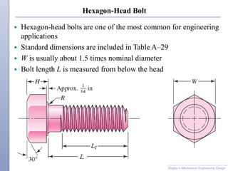 Hexagon-Head Bolt
 Hexagon-head bolts are one of the most common for engineering
applications
 Standard dimensions are included in Table A–29
 W is usually about 1.5 times nominal diameter
 Bolt length L is measured from below the head
Shigley’s Mechanical Engineering Design
 