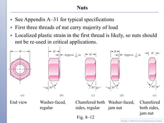 Nuts
 See Appendix A–31 for typical specifications
 First three threads of nut carry majority of load
 Localized plastic strain in the first thread is likely, so nuts should
not be re-used in critical applications.
Shigley’s Mechanical Engineering Design
End view Washer-faced,
regular
Chamfered both
sides, regular
Washer-faced,
jam nut
Chamfered
both sides,
jam nut
Fig. 8–12
 