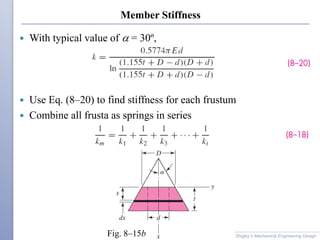 Member Stiffness
 With typical value of a = 30º,
 Use Eq. (8–20) to find stiffness for each frustum
 Combine all frusta as springs in series
Shigley’s Mechanical Engineering DesignFig. 8–15b
 