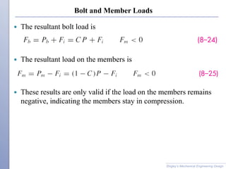 Bolt and Member Loads
 The resultant bolt load is
 The resultant load on the members is
 These results are only valid if the load on the members remains
negative, indicating the members stay in compression.
Shigley’s Mechanical Engineering Design
 