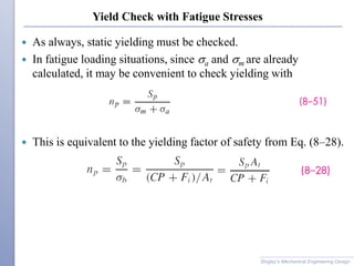 Yield Check with Fatigue Stresses
 As always, static yielding must be checked.
 In fatigue loading situations, since sa and sm are already
calculated, it may be convenient to check yielding with
 This is equivalent to the yielding factor of safety from Eq. (8–28).
Shigley’s Mechanical Engineering Design
 