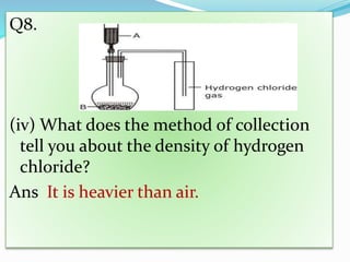 Q8.
(iv) What does the method of collection
tell you about the density of hydrogen
chloride?
Ans It is heavier than air.
 