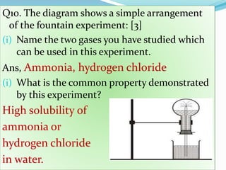 Q10. The diagram shows a simple arrangement
of the fountain experiment: [3]
(i) Name the two gases you have studied which
can be used in this experiment.
Ans, Ammonia, hydrogen chloride
(i) What is the common property demonstrated
by this experiment?
High solubility of
ammonia or
hydrogen chloride
in water.
 