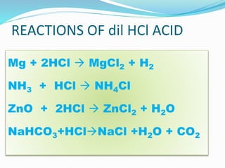 REACTIONS OF dil HCl ACID
Mg + 2HCl  MgCl2 + H2
NH3 + HCl  NH4Cl
ZnO + 2HCl  ZnCl2 + H2O
NaHCO3+HClNaCl +H2O + CO2
 