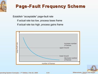 9.51 Silberschatz, Galvin and GagneOperating System Concepts – 7th
Edition, Feb 22, 2005
Page-Fault Frequency SchemePage-Fault Frequency Scheme
Establish “acceptable” page-fault rate
If actual rate too low, process loses frame
If actual rate too high, process gains frame
 