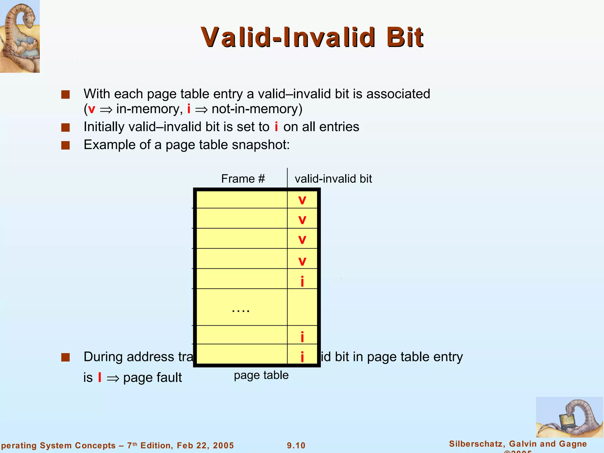Valid-Invalid Bit With each page table entry a valid–invalid bit is associated ( v     in-memory,   i     not-in-memory) Initially valid–invalid bit is set to  i  on all entries Example of a page table snapshot: During address translation, if valid–invalid bit in page table entry is  I     page fault v v v v i i i … . Frame # valid-invalid bit page table 