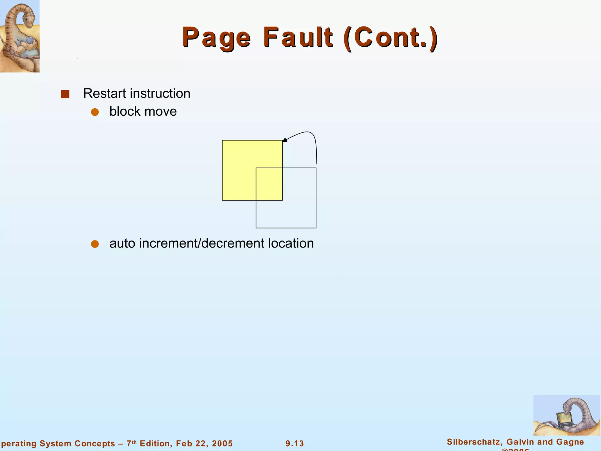 Page Fault (Cont.) Restart instruction block move auto increment/decrement location 