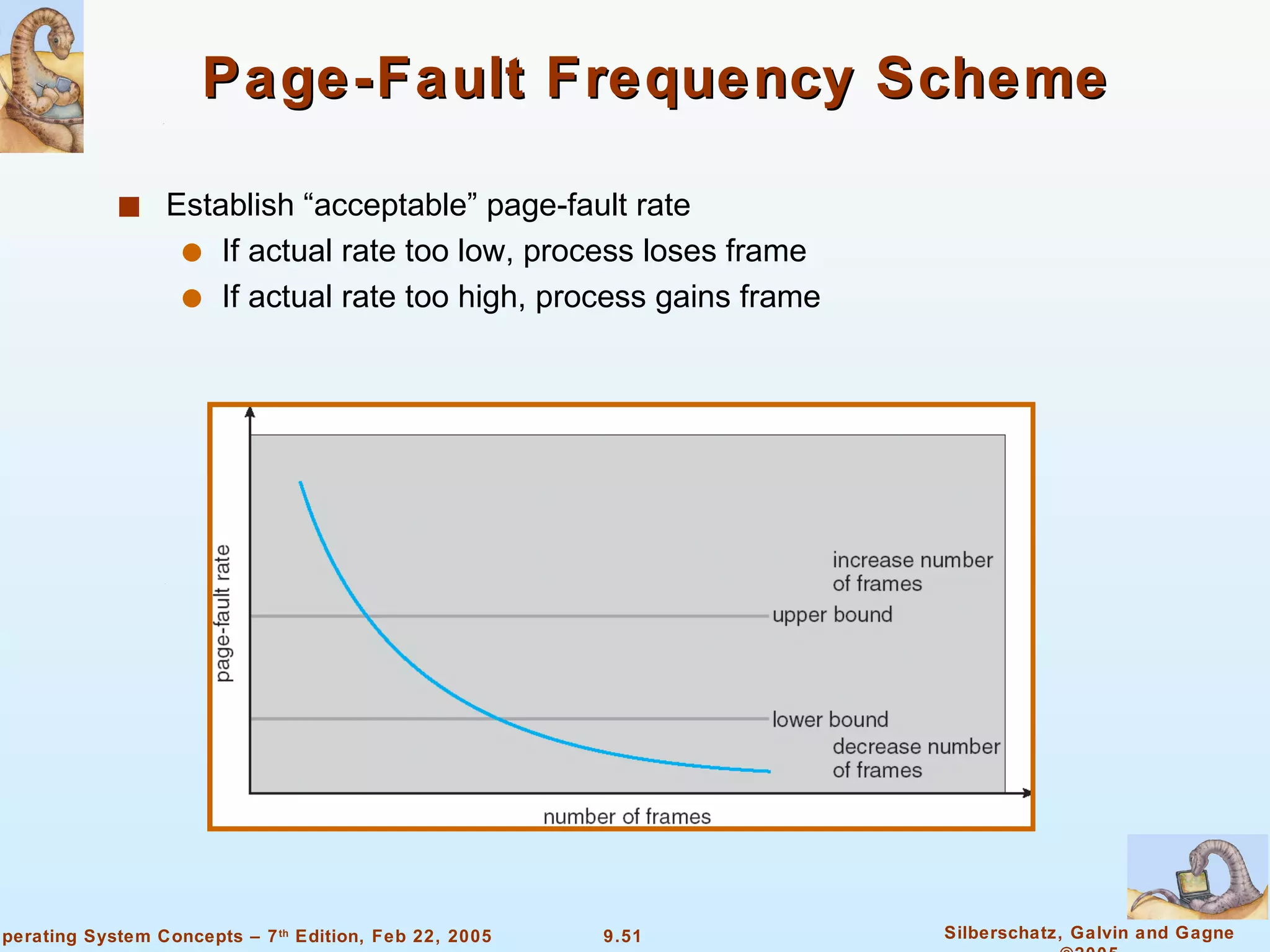 Page-Fault Frequency Scheme Establish “acceptable” page-fault rate If actual rate too low, process loses frame If actual rate too high, process gains frame 