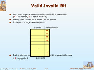 Valid-Invalid Bit With each page table entry a valid–invalid bit is associated ( v     in-memory,   i     not-in-memory) Initially valid–invalid bit is set to  i  on all entries Example of a page table snapshot: During address translation, if valid–invalid bit in page table entry is  I     page fault v v v v i i i … . Frame # valid-invalid bit page table 