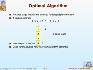 Optimal Algorithm Replace page that will not be used for longest period of time 4 frames example  1, 2, 3, 4, 1, 2, 5, 1, 2, 3, 4, 5 How do you know this? Used for measuring how well your algorithm performs 1 2 3 4 6 page faults 4 5 