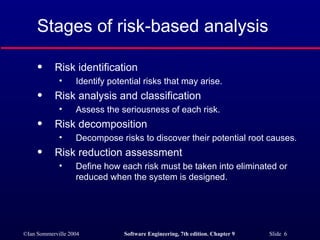 Stages of risk-based analysis Risk identification Identify potential risks that may arise. Risk analysis and classification Assess the seriousness of each risk. Risk decomposition Decompose risks to discover their potential root causes. Risk reduction assessment Define how each risk must be taken into eliminated or reduced when the system is designed. 