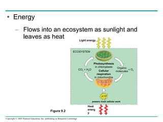 Energy Flows into an ecosystem as sunlight and leaves as heat Light energy ECOSYSTEM CO 2  + H 2 O Photosynthesis in chloroplasts Cellular respiration in mitochondria Organic molecules + O 2 ATP powers most cellular work  Heat energy Figure 9.2 