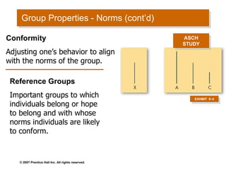 Group Properties - Norms (cont’d) Conformity Adjusting one’s behavior to align with the norms of the group. Reference Groups Important groups to which individuals belong or hope to belong and with whose norms individuals are likely to conform. EXHIBIT  9 –4 ASCH STUDY 
