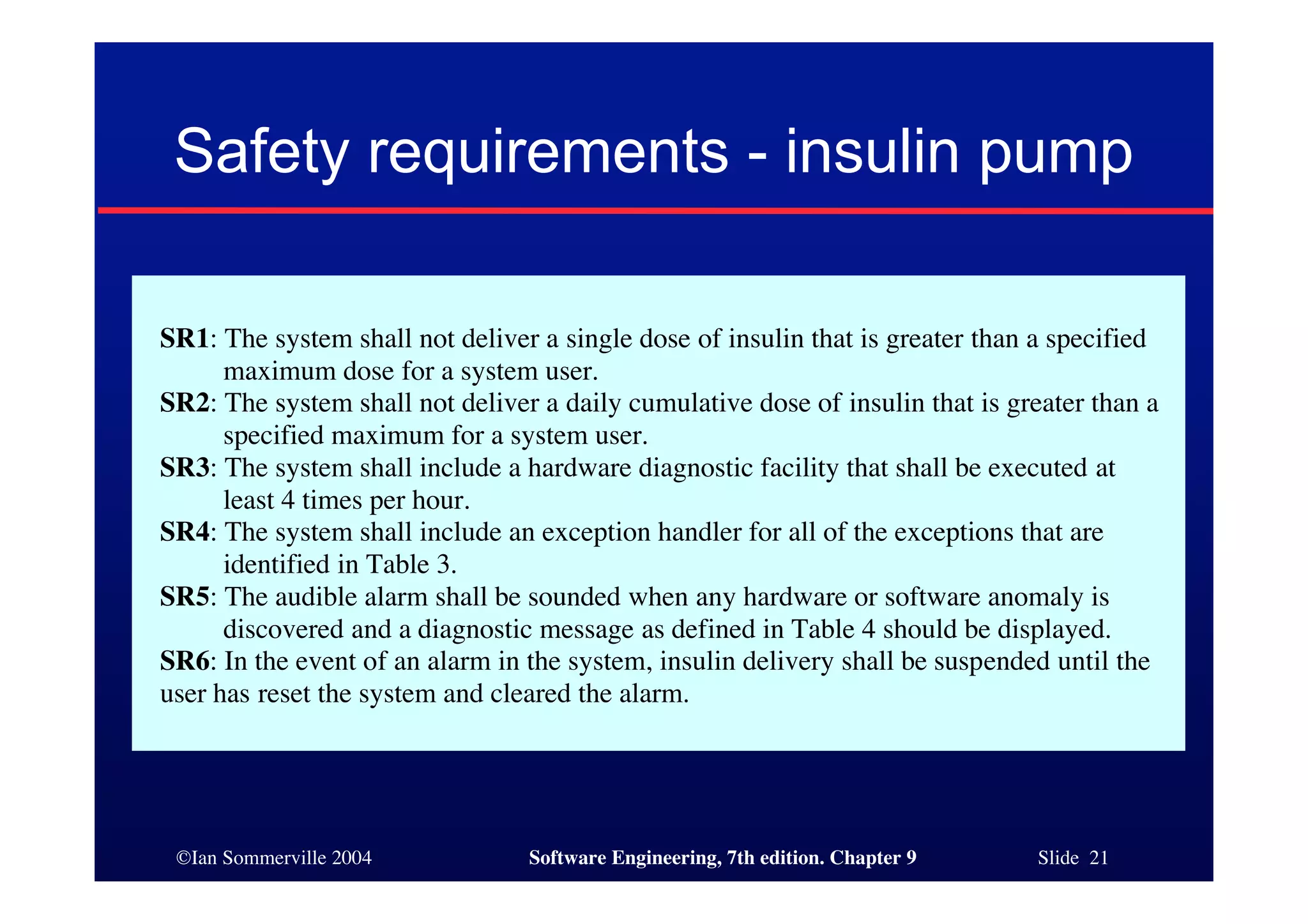 ©Ian Sommerville 2004 Software Engineering, 7th edition. Chapter 9 Slide 21
Safety requirements - insulin pump
SR1: The system shall not deliver a single dose of insulin that is greater than a specified
maximum dose for a system user.
SR2: The system shall not deliver a daily cumulative dose of insulin that is greater than a
specified maximum for a system user.
SR3: The system shall include a hardware diagnostic facility that shall be executed at
least 4 times per hour.
SR4: The system shall include an exception handler for all of the exceptions that are
identified in Table 3.
SR5: The audible alarm shall be sounded when any hardware or software anomaly is
discovered and a diagnostic message as defined in Table 4 should be displayed.
SR6: In the event of an alarm in the system, insulin delivery shall be suspended until the
user has reset the system and cleared the alarm.
 
