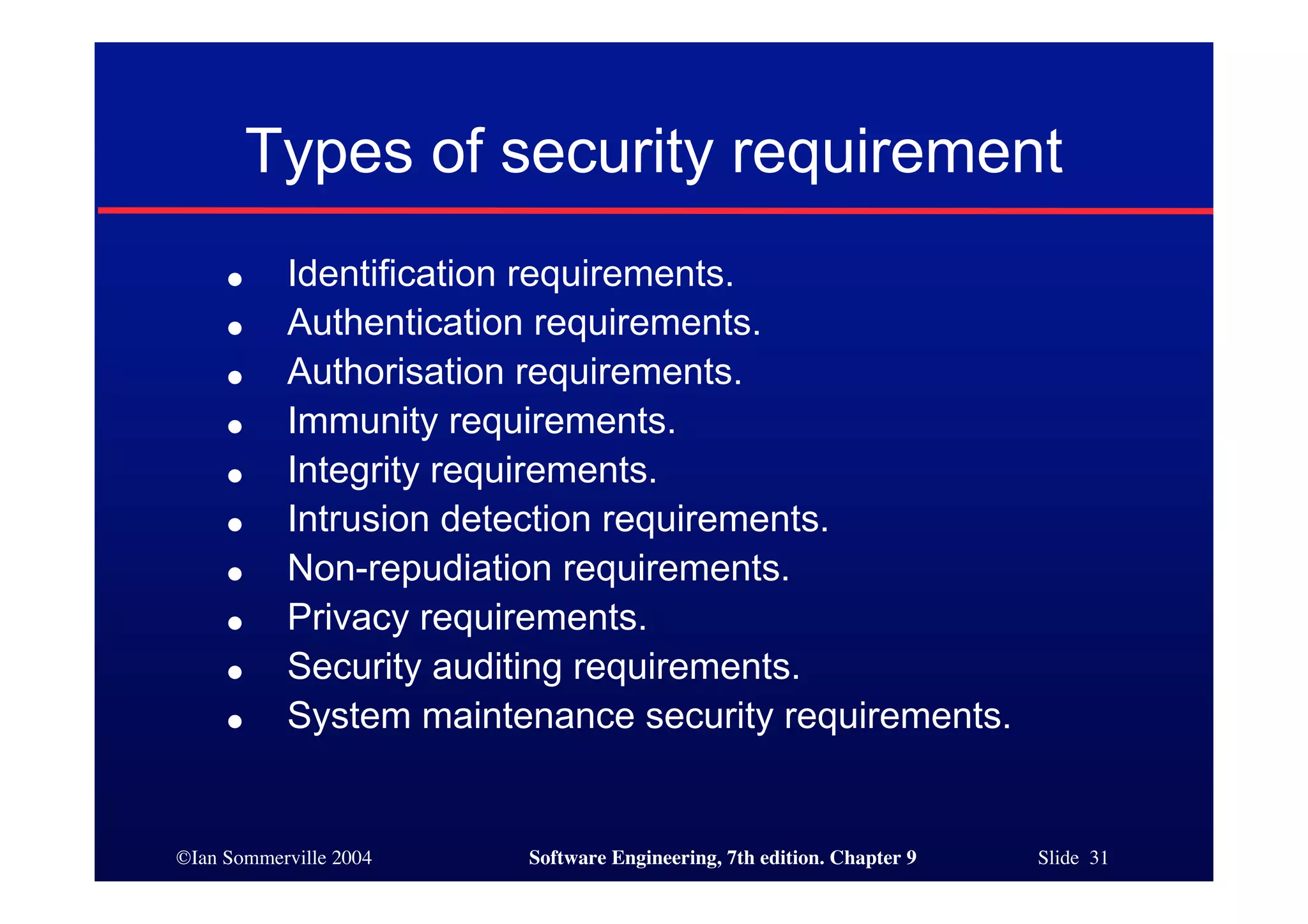 ©Ian Sommerville 2004 Software Engineering, 7th edition. Chapter 9 Slide 31
Types of security requirement
● Identification requirements.
● Authentication requirements.
● Authorisation requirements.
● Immunity requirements.
● Integrity requirements.
● Intrusion detection requirements.
● Non-repudiation requirements.
● Privacy requirements.
● Security auditing requirements.
● System maintenance security requirements.
 