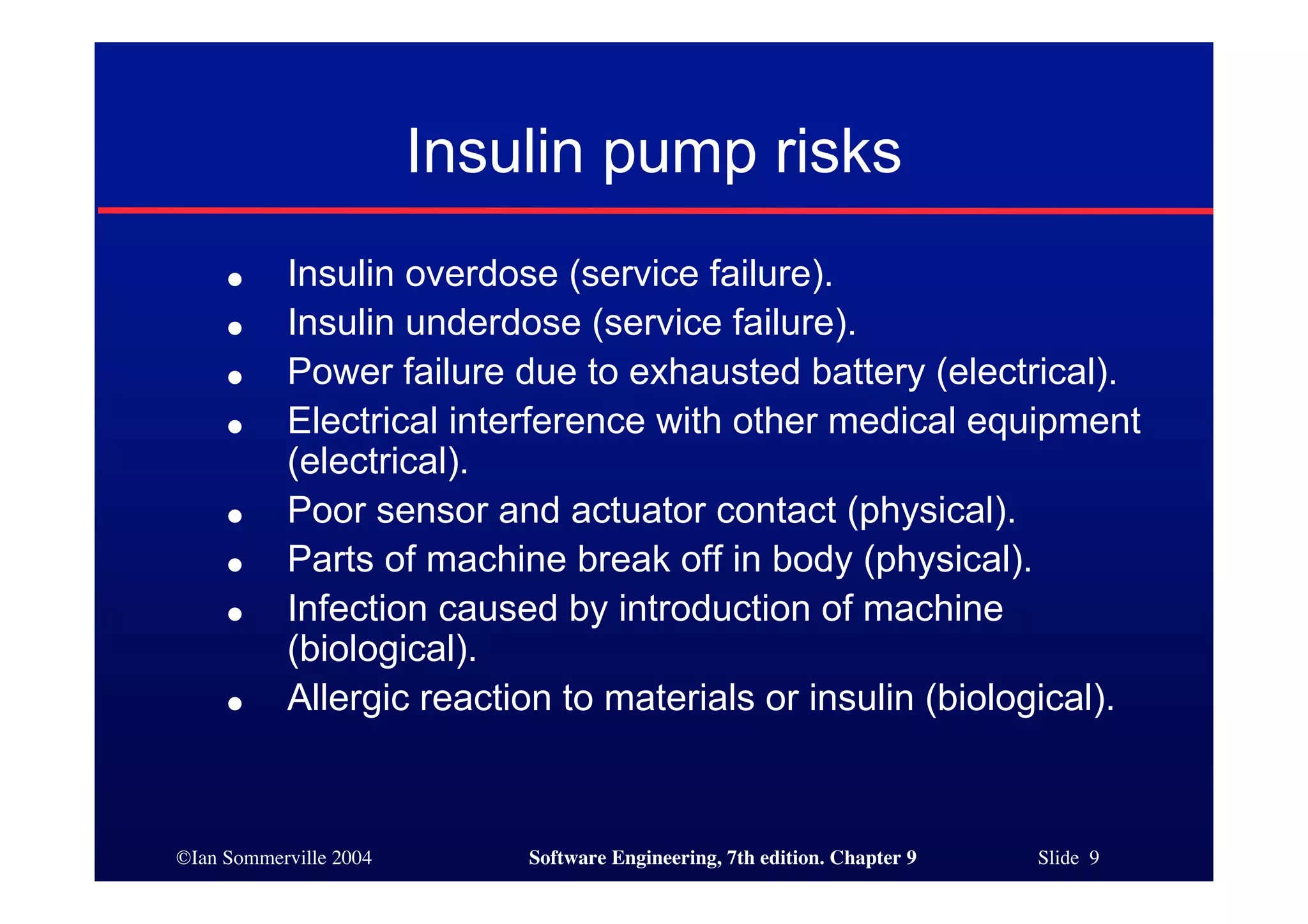 ©Ian Sommerville 2004 Software Engineering, 7th edition. Chapter 9 Slide 9
Insulin pump risks
● Insulin overdose (service failure).
● Insulin underdose (service failure).
● Power failure due to exhausted battery (electrical).
● Electrical interference with other medical equipment
(electrical).
● Poor sensor and actuator contact (physical).
● Parts of machine break off in body (physical).
● Infection caused by introduction of machine
(biological).
● Allergic reaction to materials or insulin (biological).
 