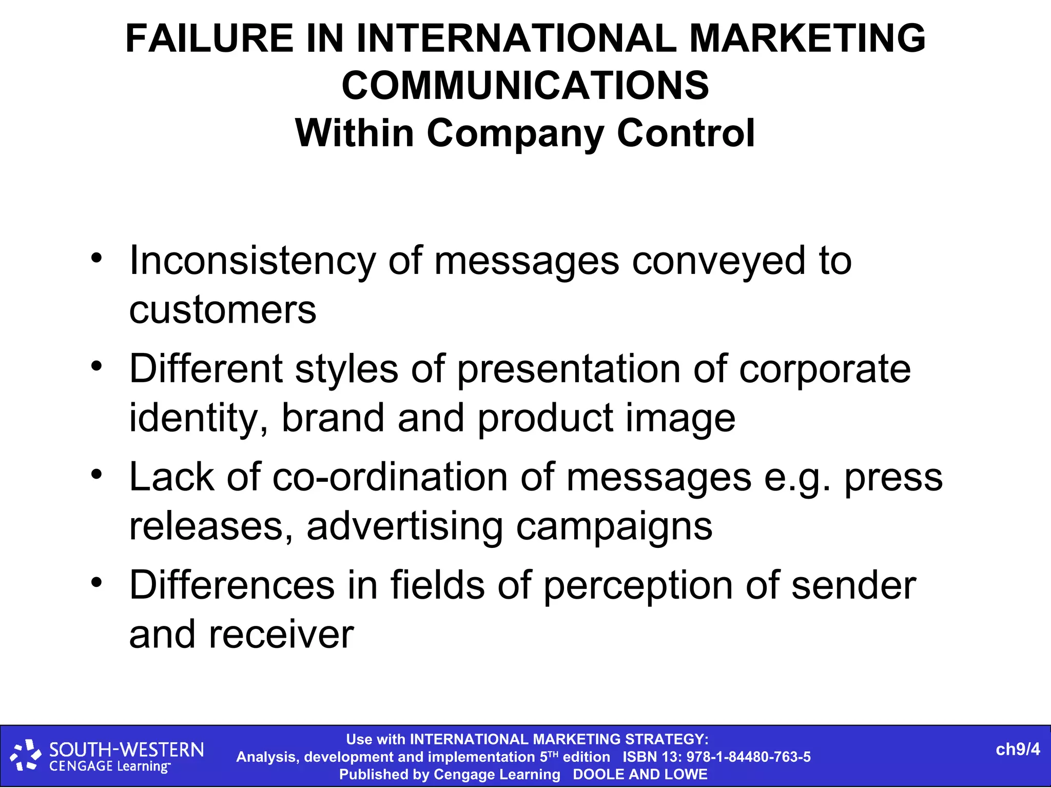 FAILURE IN INTERNATIONAL MARKETING COMMUNICATIONS Within Company Control Inconsistency of messages conveyed to customers Different styles of presentation of corporate identity, brand and product image Lack of co-ordination of messages e.g. press releases, advertising campaigns Differences in fields of perception of sender and receiver 