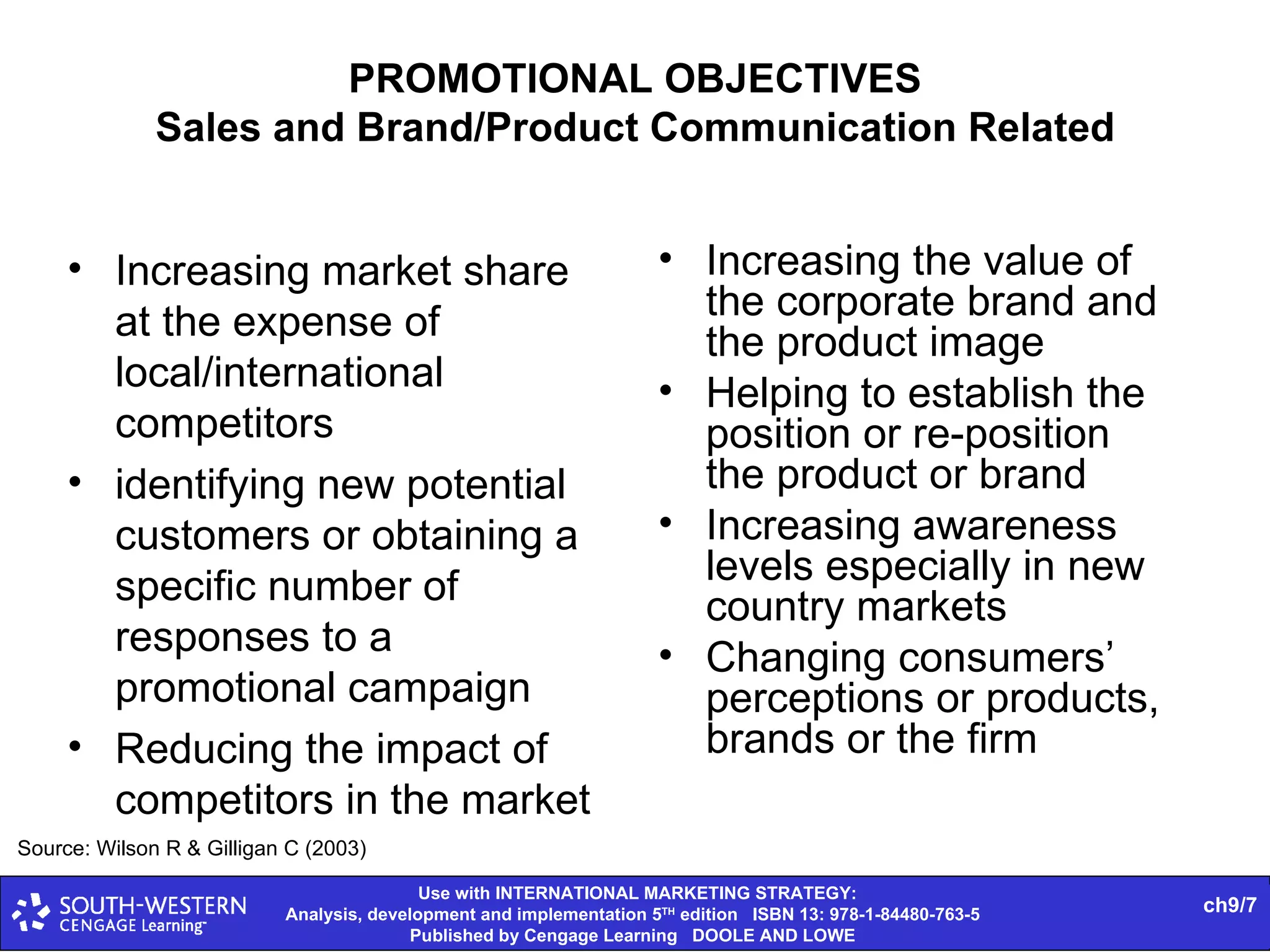 PROMOTIONAL OBJECTIVES Sales and Brand/Product Communication Related Increasing market share at the expense of local/international competitors identifying new potential customers or obtaining a specific number of responses to a promotional campaign Reducing the impact of competitors in the market Increasing the value of the corporate brand and the product image Helping to establish the position or re-position the product or brand Increasing awareness levels especially in new country markets Changing consumers’ perceptions or products, brands or the firm Source: Wilson R & Gilligan C (2003) 