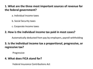 1. What are the three most important sources of revenue for 
the federal government? 
a. Individual Income taxes 
b. Social Security taxes 
c. Corporate Income taxes 
2. How is the individual income tax paid in most cases? 
Automatically deducted from pay by employers, payroll withholding 
3. Is the individual income tax a proportional, progressive, or 
regressive tax? 
Progressive 
4. What does FICA stand for? 
Federal Insurance Contributions Act 
 