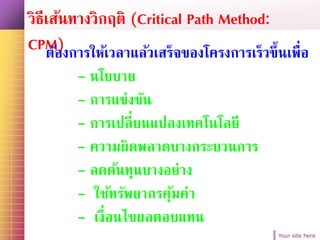 Your site here
วิธีเส้นทางวิกฤติ (Critical Path Method:
CPM)ต้องการให้เวลาแล้วเสร็จของโครงการเร็วขึ้นเพื่อ
- นโยบาย
- การแข่งขัน
- การเปลี่ยนแปลงเทคโนโลยี
- ความผิดพลาดบางกระบวนการ
- ลดต้นทุนบางอย่าง
- ใช้ทรัพยากรคุ้มค่า
- เงื่อนไขผลตอบแทน
 
