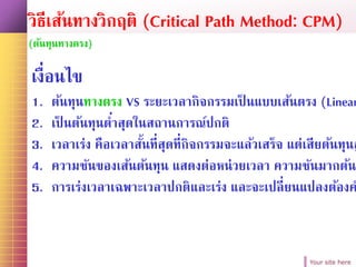 Your site here
วิธีเส้นทางวิกฤติ (Critical Path Method: CPM)
(ต้นทุนทางตรง)
เงื่อนไข
1. ต้นทุนทางตรง VS ระยะเวลากิจกรรมเป็ นแบบเส้นตรง (Linear
2. เป็ นต้นทุนต่าสุดในสถานการณ์ปกติ
3. เวลาเร่ง คือเวลาสั้นที่สุดที่กิจกรรมจะแล้วเสร็จ แต่เสียต้นทุนส
4. ความชันของเส้นต้นทุน แสดงต่อหน่วยเวลา ความชันมากต้นท
5. การเร่งเวลาเฉพาะเวลาปกติและเร่ง และจะเปลี่ยนแปลงต้องค
 