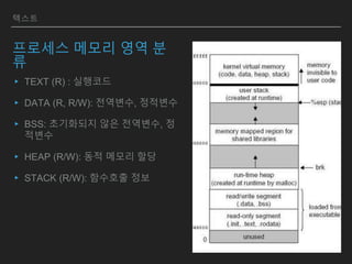 텍스트
프로세스 메모리 영역 분
류
▸ TEXT (R) : 실행코드
▸ DATA (R, R/W): 전역변수, 정적변수
▸ BSS: 초기화되지 않은 전역변수, 정
적변수
▸ HEAP (R/W): 동적 메모리 할당
▸ STACK (R/W): 함수호출 정보
 