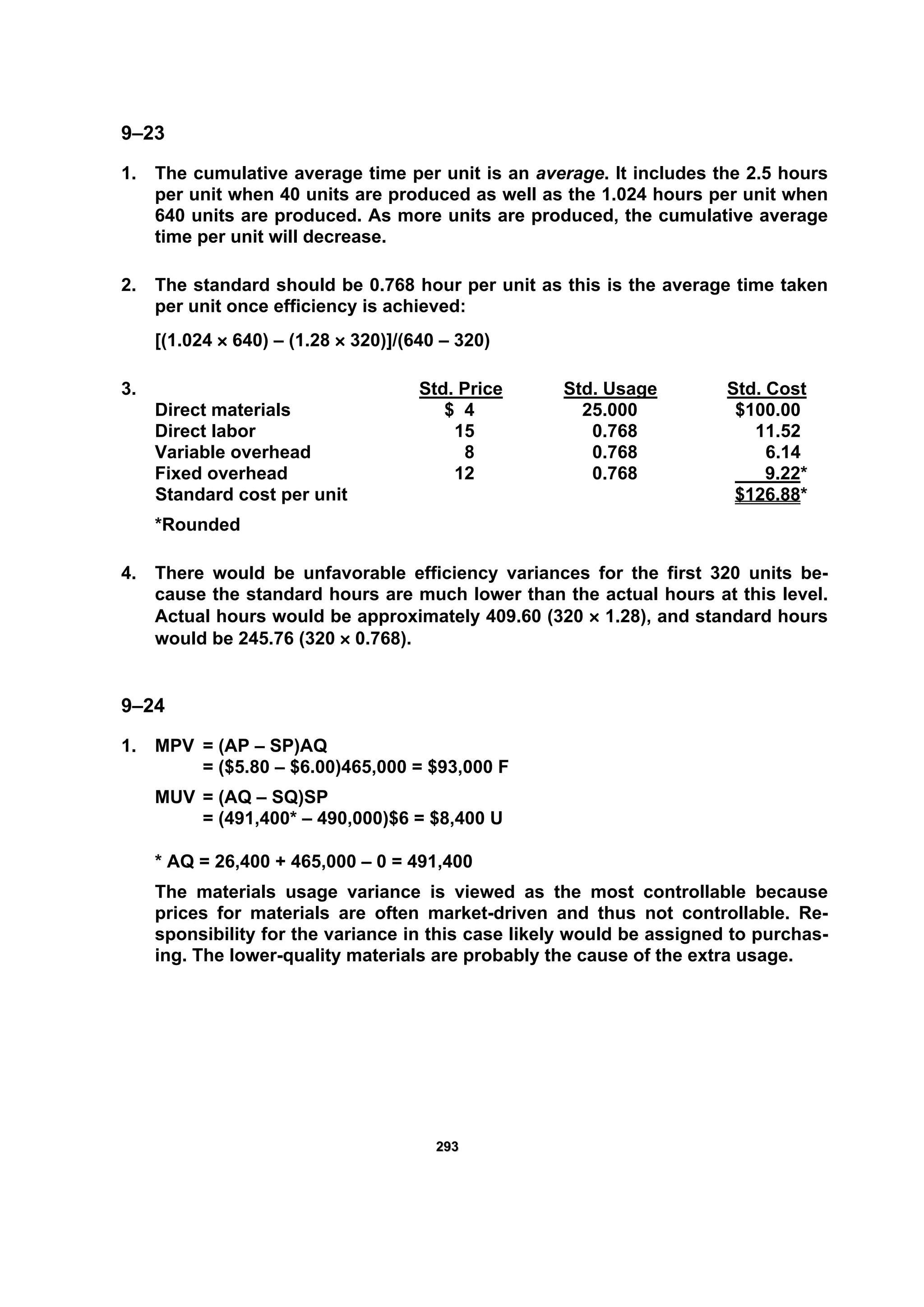 229933
9–23
1. The cumulative average time per unit is an average. It includes the 2.5 hours
per unit when 40 units are produced as well as the 1.024 hours per unit when
640 units are produced. As more units are produced, the cumulative average
time per unit will decrease.
2. The standard should be 0.768 hour per unit as this is the average time taken
per unit once efficiency is achieved:
[(1.024 × 640) – (1.28 × 320)]/(640 – 320)
3. Std. Price Std. Usage Std. Cost
Direct materials $ 4 25.000 $100.00
Direct labor 15 0.768 11.52
Variable overhead 8 0.768 6.14
Fixed overhead 12 0.768 9.22*
Standard cost per unit $126.88*
*Rounded
4. There would be unfavorable efficiency variances for the first 320 units be-
cause the standard hours are much lower than the actual hours at this level.
Actual hours would be approximately 409.60 (320 × 1.28), and standard hours
would be 245.76 (320 × 0.768).
9–24
1. MPV = (AP – SP)AQ
= ($5.80 – $6.00)465,000 = $93,000 F
MUV = (AQ – SQ)SP
= (491,400* – 490,000)$6 = $8,400 U
* AQ = 26,400 + 465,000 − 0 = 491,400
The materials usage variance is viewed as the most controllable because
prices for materials are often market-driven and thus not controllable. Re-
sponsibility for the variance in this case likely would be assigned to purchas-
ing. The lower-quality materials are probably the cause of the extra usage.
 