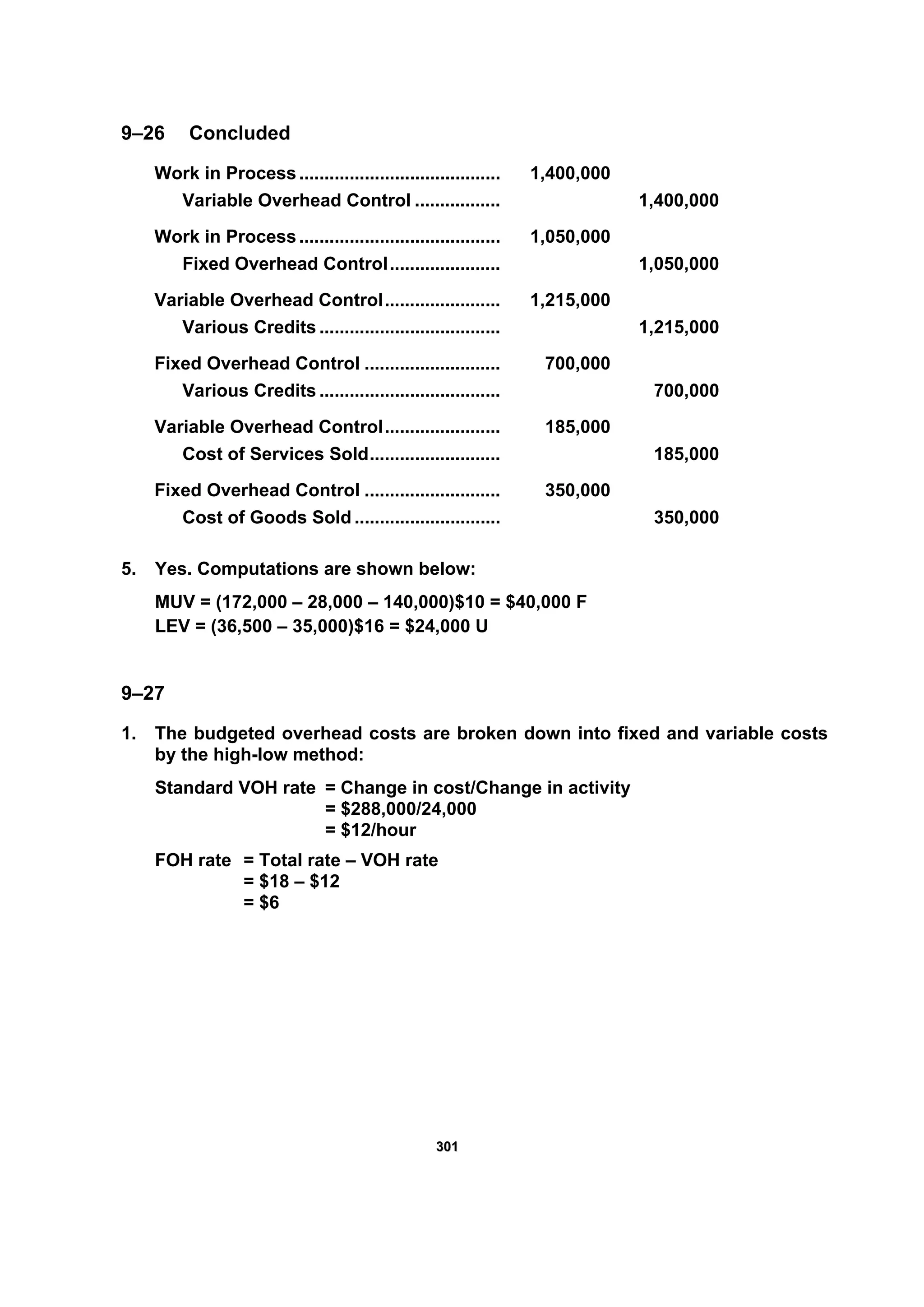 330011
9–26 Concluded
Work in Process........................................ 1,400,000
Variable Overhead Control ................. 1,400,000
Work in Process........................................ 1,050,000
Fixed Overhead Control...................... 1,050,000
Variable Overhead Control....................... 1,215,000
Various Credits .................................... 1,215,000
Fixed Overhead Control ........................... 700,000
Various Credits .................................... 700,000
Variable Overhead Control....................... 185,000
Cost of Services Sold.......................... 185,000
Fixed Overhead Control ........................... 350,000
Cost of Goods Sold ............................. 350,000
5. Yes. Computations are shown below:
MUV = (172,000 – 28,000 – 140,000)$10 = $40,000 F
LEV = (36,500 – 35,000)$16 = $24,000 U
9–27
1. The budgeted overhead costs are broken down into fixed and variable costs
by the high-low method:
Standard VOH rate = Change in cost/Change in activity
= $288,000/24,000
= $12/hour
FOH rate = Total rate – VOH rate
= $18 – $12
= $6
 