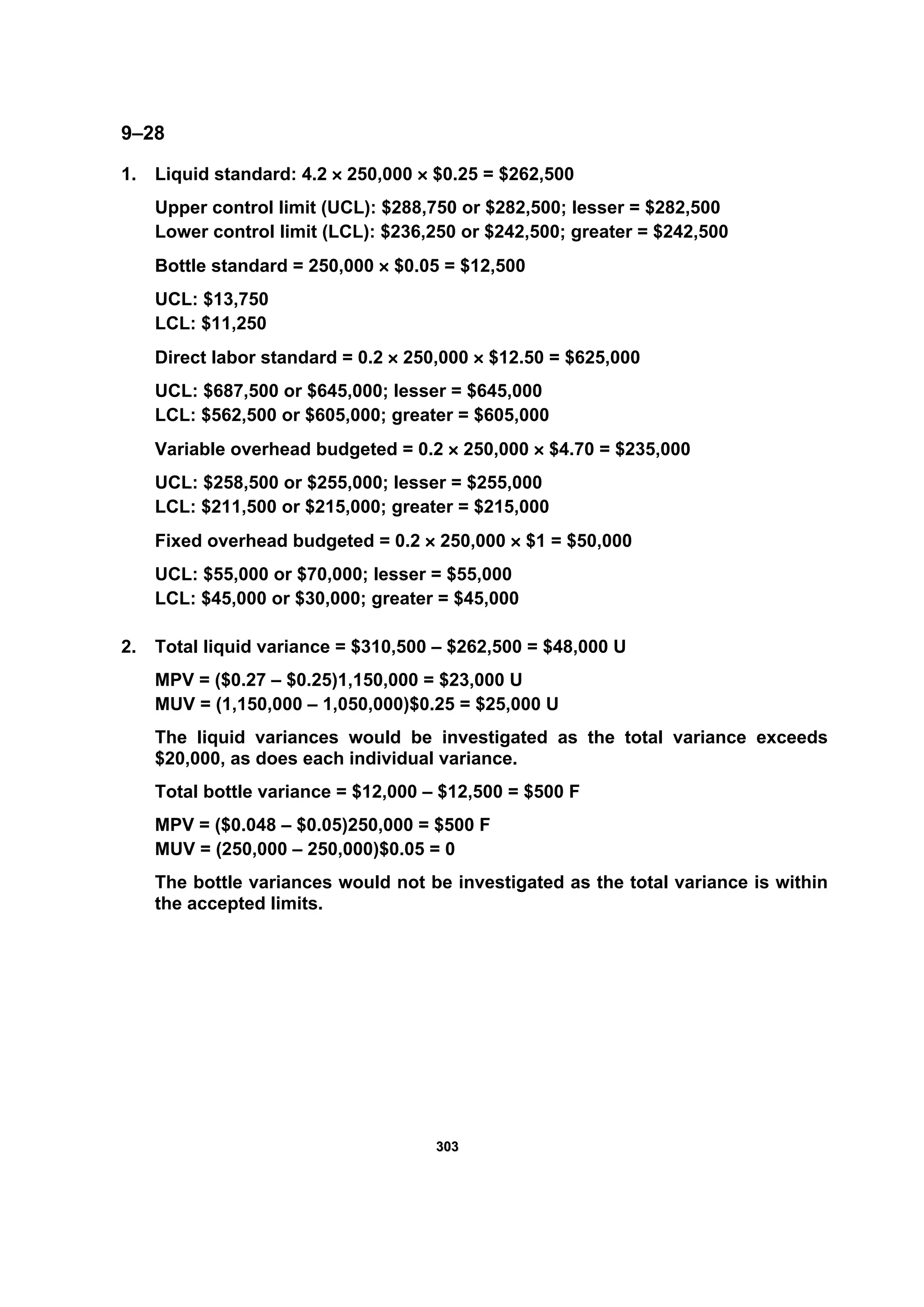 330033
9–28
1. Liquid standard: 4.2 × 250,000 × $0.25 = $262,500
Upper control limit (UCL): $288,750 or $282,500; lesser = $282,500
Lower control limit (LCL): $236,250 or $242,500; greater = $242,500
Bottle standard = 250,000 × $0.05 = $12,500
UCL: $13,750
LCL: $11,250
Direct labor standard = 0.2 × 250,000 × $12.50 = $625,000
UCL: $687,500 or $645,000; lesser = $645,000
LCL: $562,500 or $605,000; greater = $605,000
Variable overhead budgeted = 0.2 × 250,000 × $4.70 = $235,000
UCL: $258,500 or $255,000; lesser = $255,000
LCL: $211,500 or $215,000; greater = $215,000
Fixed overhead budgeted = 0.2 × 250,000 × $1 = $50,000
UCL: $55,000 or $70,000; lesser = $55,000
LCL: $45,000 or $30,000; greater = $45,000
2. Total liquid variance = $310,500 – $262,500 = $48,000 U
MPV = ($0.27 – $0.25)1,150,000 = $23,000 U
MUV = (1,150,000 – 1,050,000)$0.25 = $25,000 U
The liquid variances would be investigated as the total variance exceeds
$20,000, as does each individual variance.
Total bottle variance = $12,000 – $12,500 = $500 F
MPV = ($0.048 – $0.05)250,000 = $500 F
MUV = (250,000 – 250,000)$0.05 = 0
The bottle variances would not be investigated as the total variance is within
the accepted limits.
 