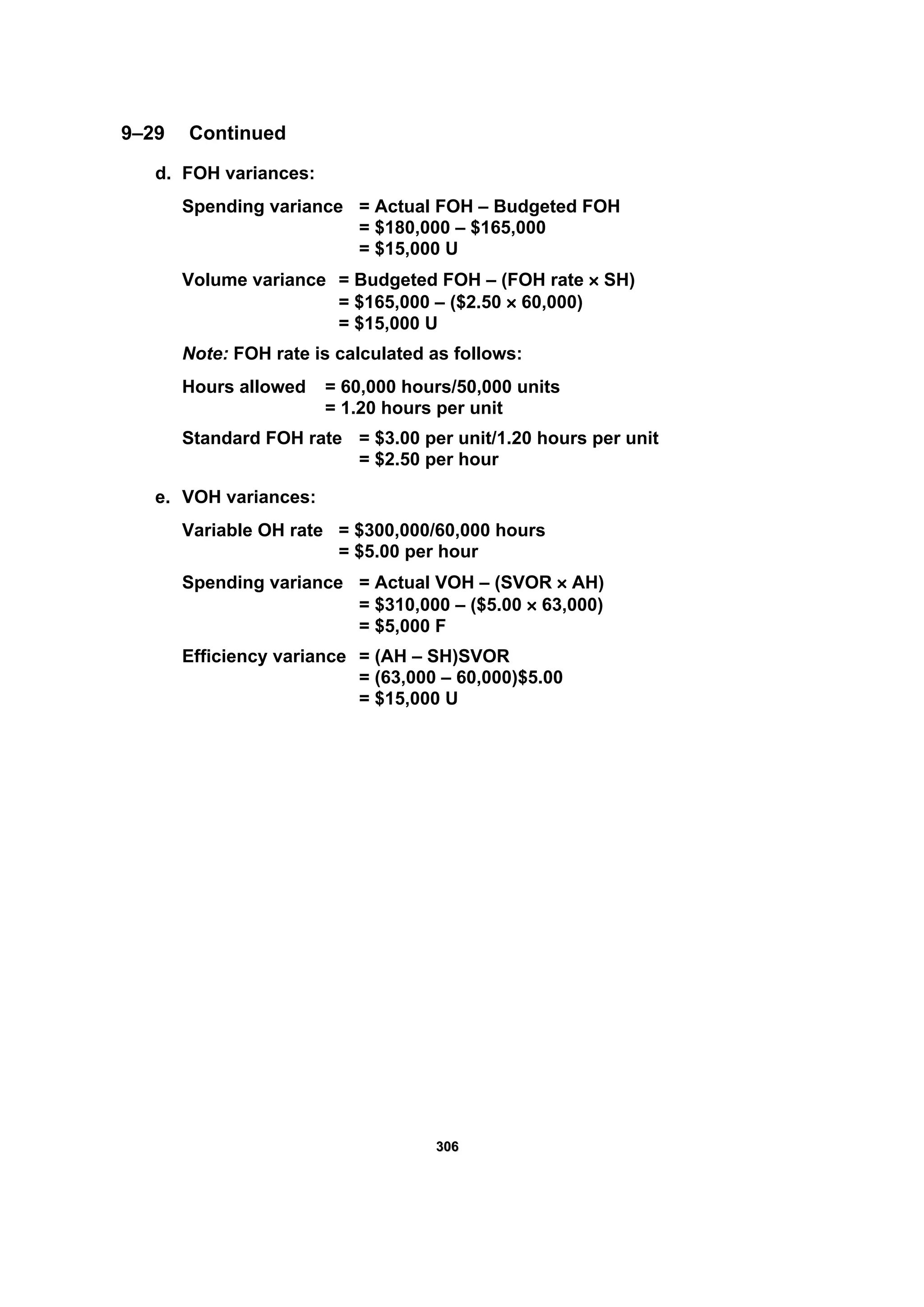 330066
9–29 Continued
d. FOH variances:
Spending variance = Actual FOH – Budgeted FOH
= $180,000 – $165,000
= $15,000 U
Volume variance = Budgeted FOH – (FOH rate × SH)
= $165,000 – ($2.50 × 60,000)
= $15,000 U
Note: FOH rate is calculated as follows:
Hours allowed = 60,000 hours/50,000 units
= 1.20 hours per unit
Standard FOH rate = $3.00 per unit/1.20 hours per unit
= $2.50 per hour
e. VOH variances:
Variable OH rate = $300,000/60,000 hours
= $5.00 per hour
Spending variance = Actual VOH – (SVOR × AH)
= $310,000 – ($5.00 × 63,000)
= $5,000 F
Efficiency variance = (AH – SH)SVOR
= (63,000 – 60,000)$5.00
= $15,000 U
 