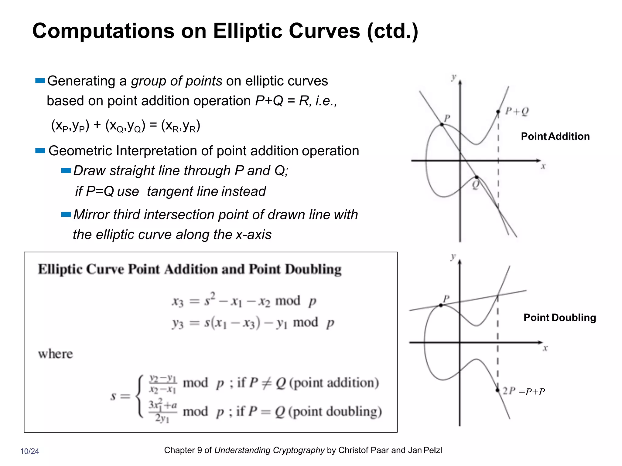 Computations on Elliptic Curves (ctd.)
▪▪Generating a group of points on elliptic curves
based on point addition operation P+Q = R, i.e.,
(xP,yP) + (xQ,yQ) = (xR,yR)
▪▪Geometric Interpretation of point addition operation
▪▪Draw straight line through P and Q;
if P=Q use tangent line instead
▪▪Mirror third intersection point of drawn line with
the elliptic curve along the x-axis
PointAddition
Point Doubling
Chapter 9 of Understanding Cryptography by Christof Paar and Jan Pelzl10/24
=P+P
 