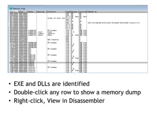 • EXE and DLLs are identified


• Double-click any row to show a memory dump


• Right-click, View in Disassembler
 