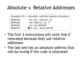 Absolute v. Relative Addresses
• The first 3 instructions will work fine if
relocated because they use relative
addresses


• The last one has an absolute address that
will be wrong if the code is relocated
 