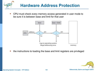9.6 Silberschatz, Galvin and Gagne ©2018
Operating System Concepts – 10th Edition
Hardware Address Protection
 CPU must check every memory access generated in user mode to
be sure it is between base and limit for that user
 the instructions to loading the base and limit registers are privileged
 