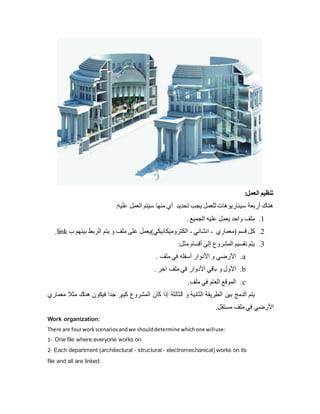 ‫العم‬ ‫تنظيم‬
:‫ل‬
‫هناك‬
‫أ‬
‫ربع‬
‫ة‬
‫تحدید‬ ‫یجب‬ ‫للعمل‬ ‫سيناریوهات‬
‫أ‬
‫ي‬
‫منها‬
‫عليه‬ ‫العمل‬ ‫سيتم‬
:
1
.
‫الجميع‬ ‫عليه‬ ‫یعمل‬ ‫واحد‬ ‫ملف‬
.
2
.
‫(معماري‬ ‫قسم‬ ‫كل‬
-
‫انشائي‬
-
‫ب‬ ‫بينهم‬ ‫الربط‬ ‫یتم‬ ‫و‬ ‫ملف‬ ‫على‬ ‫الكتروميكانيكي)یعمل‬
link
.
3
.
‫المشروع‬ ‫تقسيم‬ ‫یتم‬
‫إ‬
‫لى‬
‫أ‬
‫مثل‬ ‫قسام‬
:
a
.
‫األ‬
‫األ‬ ‫و‬ ‫رضي‬
‫دوار‬
‫أ‬
‫ملف‬ ‫في‬ ‫سفله‬
.
b
.
‫األ‬
‫األ‬ ‫باقي‬ ‫و‬ ‫ول‬
‫اخر‬ ‫ملف‬ ‫في‬ ‫دوار‬
.
c
.
‫ملف‬ ‫في‬ ‫العام‬ ‫الموقع‬
.
‫الدمج‬ ‫یتم‬
‫الثالثة‬ ‫و‬ ‫الثانية‬ ‫الطریقة‬ ‫بين‬
‫إ‬
‫كبي‬ ‫المشروع‬ ‫كان‬ ‫ذا‬
‫معماري‬ ‫مثال‬ ‫هناك‬ ‫فيكون‬ ‫جدا‬ ‫ر‬
‫األ‬
‫مستقل‬ ‫ملف‬ ‫في‬ ‫رضي‬
.
Work organization:
There are fourworkscenariosandwe shoulddetermine whichone willuse:
1- One file where everyone works on
2- Each department (architectural - structural - electromechanical) works on its
file and all are linked.
 
