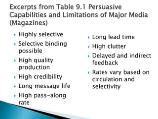 Excerpts from Table 9.1 Persuasive
Capabilities and Limitations of Major Media
(Magazines)
 Highly selective
 Selective binding
possible
 High quality
production
 High credibility
 Long message life
 High pass-along
rate
 Long lead time
 High clutter
 Delayed and indirect
feedback
 Rates vary based on
circulation and
selectivity
 