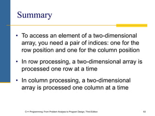 C++ Programming: From Problem Analysis to Program Design, Third Edition 63
Summary
• To access an element of a two-dimensional
array, you need a pair of indices: one for the
row position and one for the column position
• In row processing, a two-dimensional array is
processed one row at a time
• In column processing, a two-dimensional
array is processed one column at a time
 