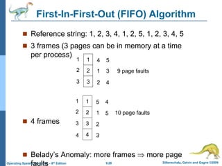 9.28 Silberschatz, Galvin and Gagne ©2009
Operating System Concepts – 8th Edition
First-In-First-Out (FIFO) Algorithm
 Reference string: 1, 2, 3, 4, 1, 2, 5, 1, 2, 3, 4, 5
 3 frames (3 pages can be in memory at a time
per process)
 4 frames
 Belady’s Anomaly: more frames  more page
faults
1
2
3
1
2
3
4
1
2
5
3
4
9 page faults
1
2
3
1
2
3
5
1
2
4
5 10 page faults
4
4 3
 