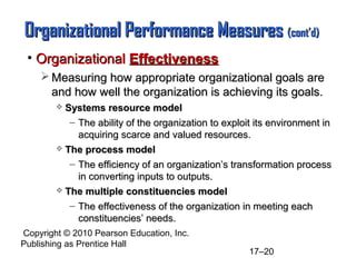 Copyright © 2010 Pearson Education, Inc.
Publishing as Prentice Hall
17–20
Organizational Performance Measures
Organizational Performance Measures (cont’d)
(cont’d)
• Organizational
Organizational Effectiveness
Effectiveness
 Measuring how appropriate organizational goals are
Measuring how appropriate organizational goals are
and how well the organization is achieving its goals.
and how well the organization is achieving its goals.
 Systems resource model
Systems resource model
– The ability of the organization to exploit its environment in
The ability of the organization to exploit its environment in
acquiring scarce and valued resources.
acquiring scarce and valued resources.
 The process model
The process model
– The efficiency of an organization’s transformation process
The efficiency of an organization’s transformation process
in converting inputs to outputs.
in converting inputs to outputs.
 The multiple constituencies model
The multiple constituencies model
– The effectiveness of the organization in meeting each
The effectiveness of the organization in meeting each
constituencies’ needs.
constituencies’ needs.
 