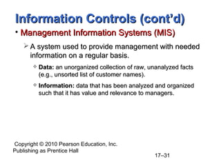 Copyright © 2010 Pearson Education, Inc.
Publishing as Prentice Hall
17–31
Information Controls (cont’d)
Information Controls (cont’d)
• Management Information Systems (MIS)
Management Information Systems (MIS)
 A system used to provide management with needed
A system used to provide management with needed
information on a regular basis.
information on a regular basis.
 Data:
Data: an unorganized collection of raw, unanalyzed facts
an unorganized collection of raw, unanalyzed facts
(e.g., unsorted list of customer names).
(e.g., unsorted list of customer names).
 Information:
Information: data that has been analyzed and organized
data that has been analyzed and organized
such that it has value and relevance to managers.
such that it has value and relevance to managers.
 