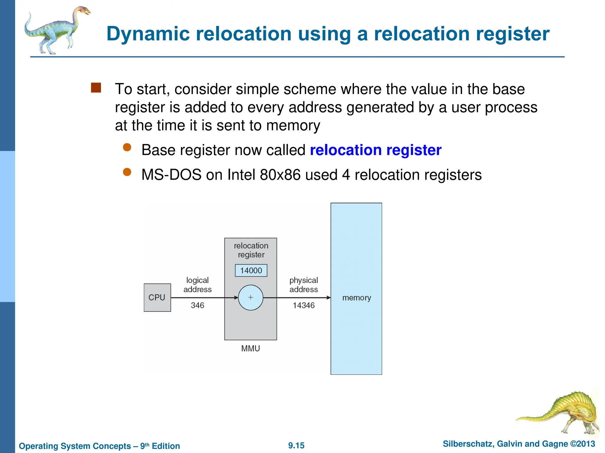 9.15 Silberschatz, Galvin and Gagne ©2013
Operating System Concepts – 9th
Edition
Dynamic relocation using a relocation register
 To start, consider simple scheme where the value in the base
register is added to every address generated by a user process
at the time it is sent to memory
 Base register now called relocation register
 MS-DOS on Intel 80x86 used 4 relocation registers
 