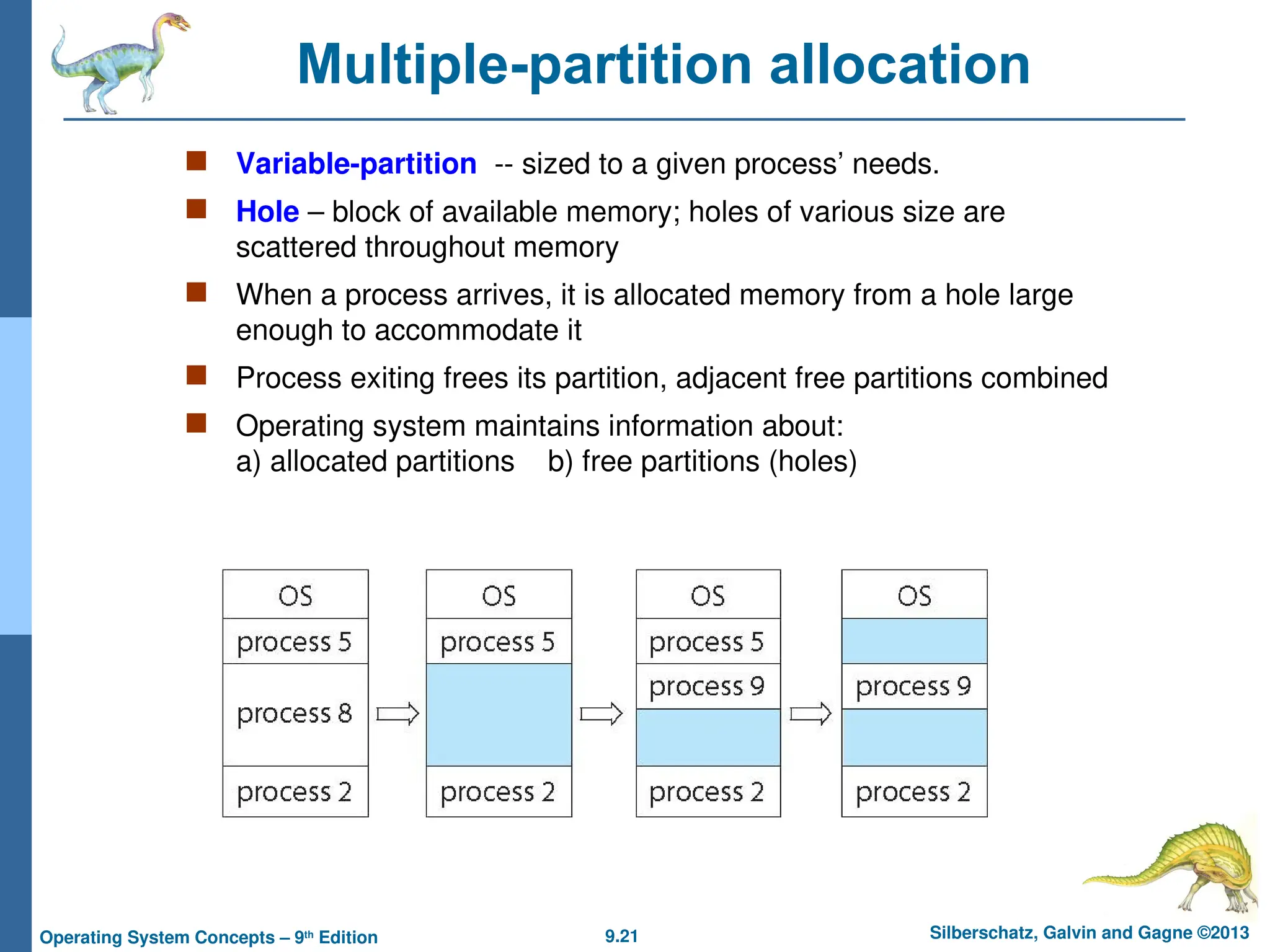 9.21 Silberschatz, Galvin and Gagne ©2013
Operating System Concepts – 9th
Edition
Multiple-partition allocation
 Variable-partition -- sized to a given process’ needs.
 Hole – block of available memory; holes of various size are
scattered throughout memory
 When a process arrives, it is allocated memory from a hole large
enough to accommodate it
 Process exiting frees its partition, adjacent free partitions combined
 Operating system maintains information about:
a) allocated partitions b) free partitions (holes)
 