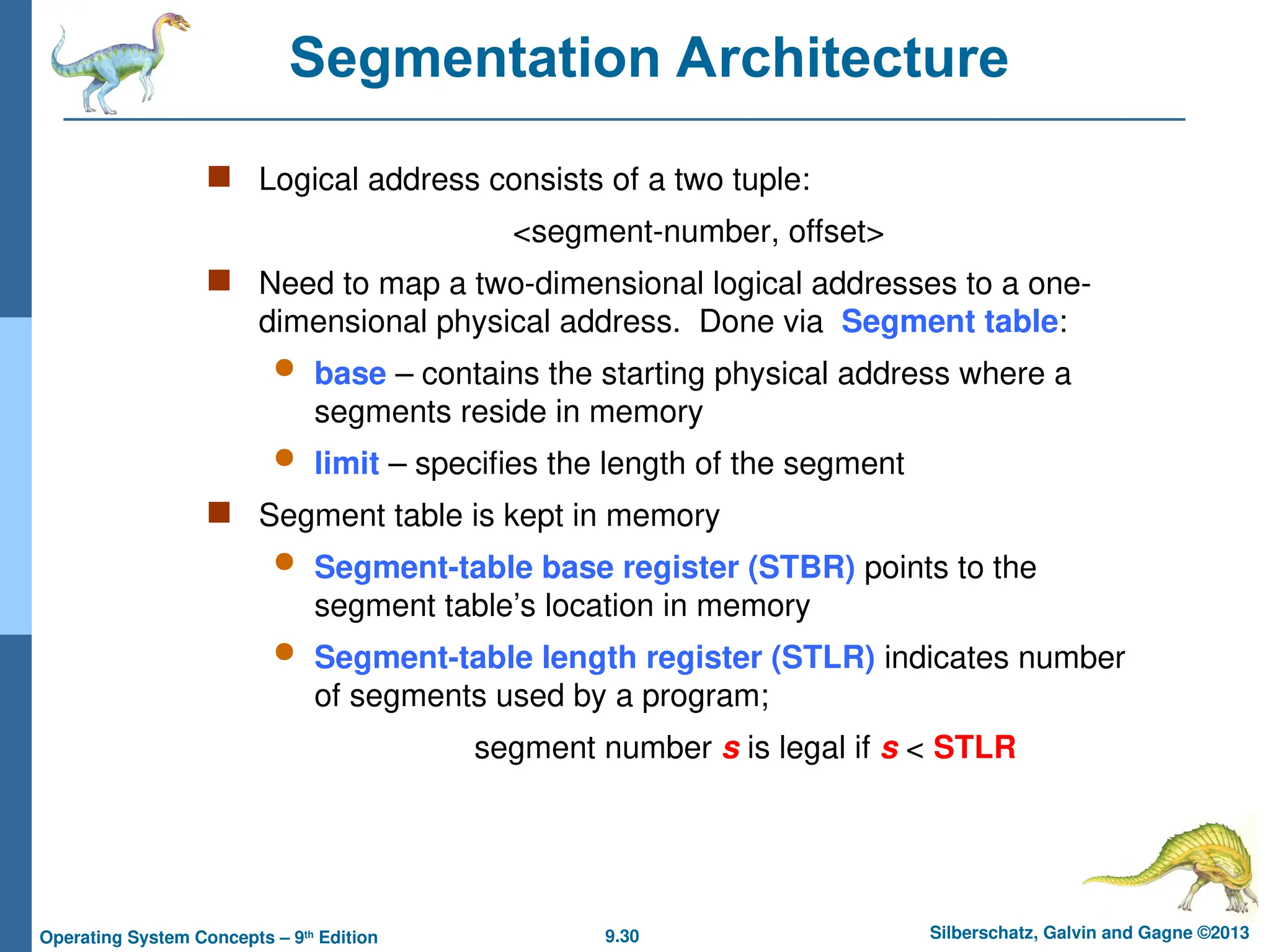 9.30 Silberschatz, Galvin and Gagne ©2013
Operating System Concepts – 9th
Edition
Segmentation Architecture
 Logical address consists of a two tuple:
<segment-number, offset>
 Need to map a two-dimensional logical addresses to a one-
dimensional physical address. Done via Segment table:
 base – contains the starting physical address where a
segments reside in memory
 limit – specifies the length of the segment
 Segment table is kept in memory
 Segment-table base register (STBR) points to the
segment table’s location in memory
 Segment-table length register (STLR) indicates number
of segments used by a program;
segment number s is legal if s < STLR
 