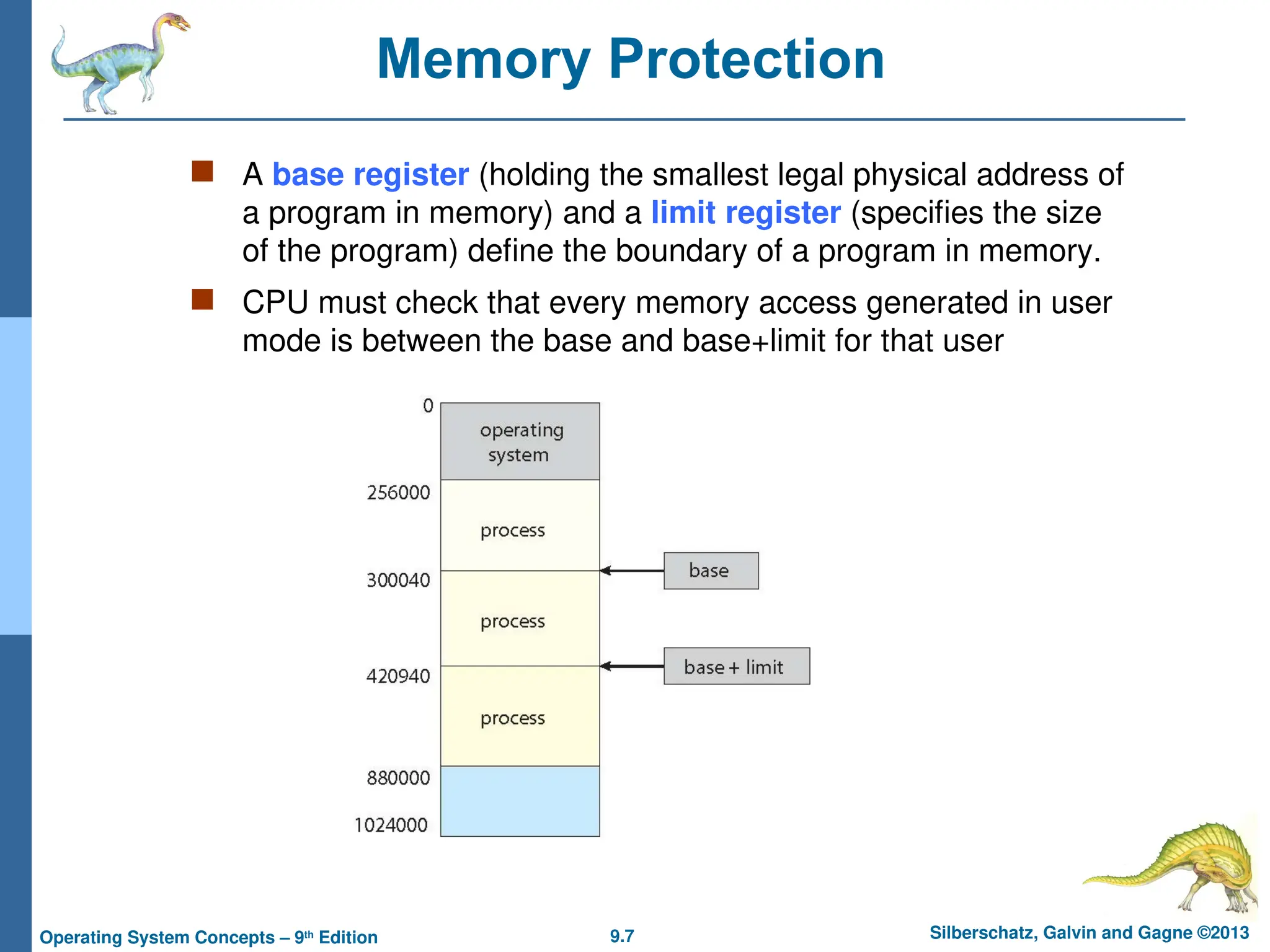 9.7 Silberschatz, Galvin and Gagne ©2013
Operating System Concepts – 9th
Edition
Memory Protection
 A base register (holding the smallest legal physical address of
a program in memory) and a limit register (specifies the size
of the program) define the boundary of a program in memory.
 CPU must check that every memory access generated in user
mode is between the base and base+limit for that user
 