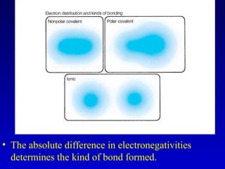 • The absolute difference in electronegativities
determines the kind of bond formed.
 