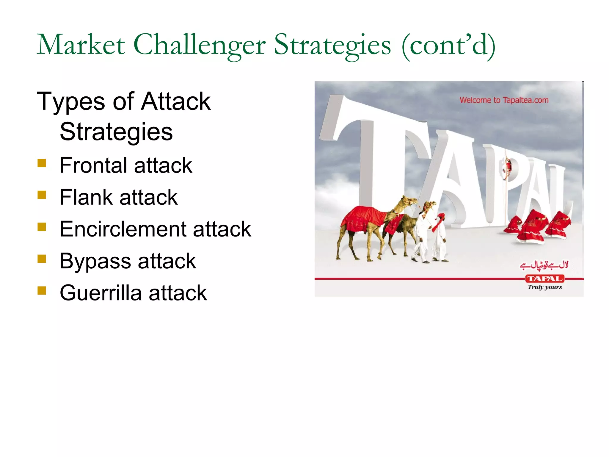 Market Challenger Strategies (cont’d)
Types of Attack
  Strategies
   Frontal attack
   Flank attack
   Encirclement attack
   Bypass attack
   Guerrilla attack
 