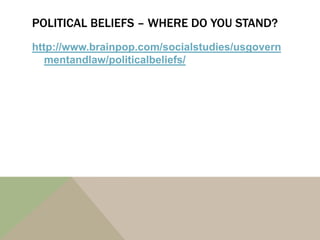 POLITICAL BELIEFS – WHERE DO YOU STAND?
http://www.brainpop.com/socialstudies/usgovern
   mentandlaw/politicalbeliefs/
 